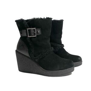 Tory Burch Black Suede Fur Lined Shearling‎ Wedge Ankle Booties